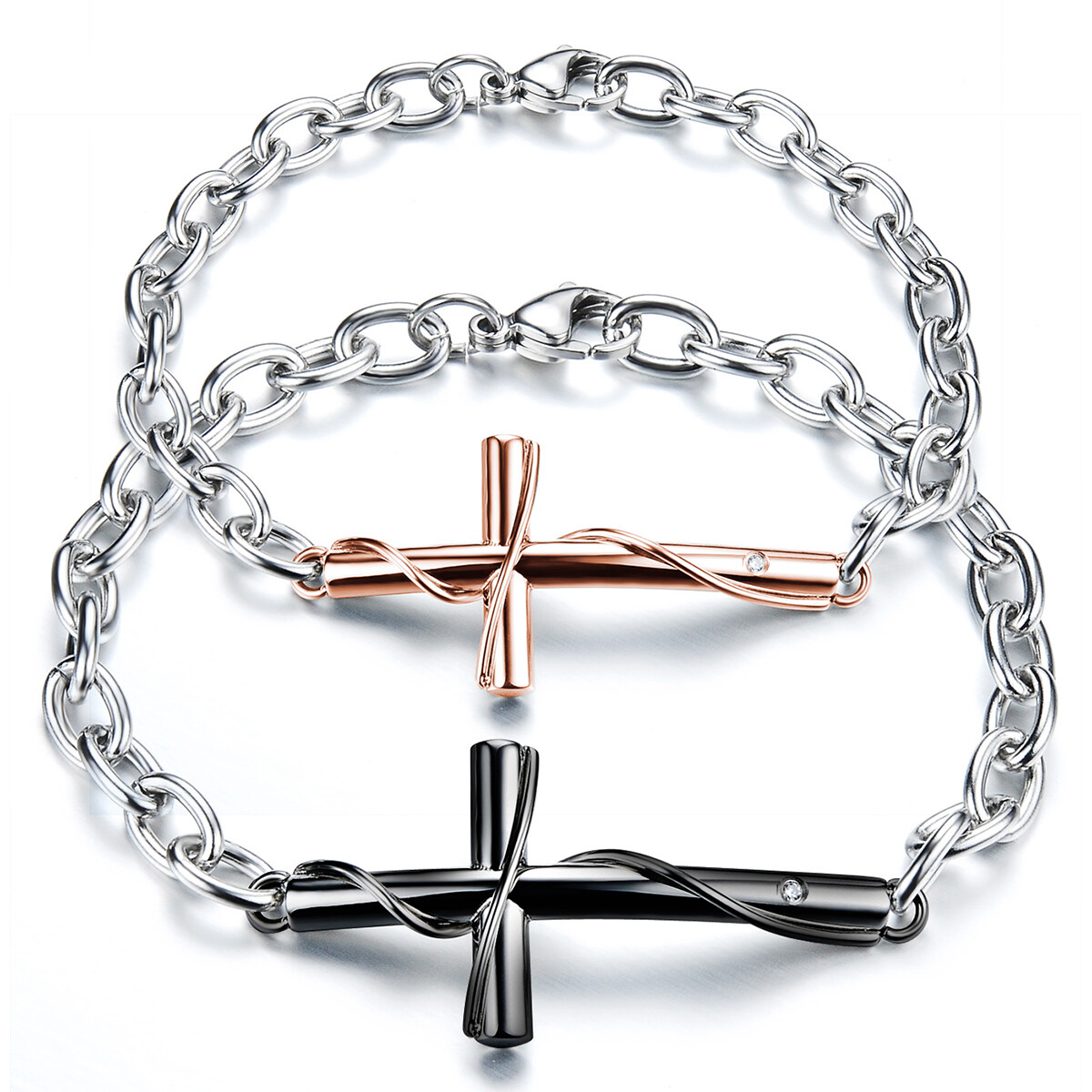 His Hers Stainless Steel Couples Matching Cross Charm Bracelet Pendant Necklace