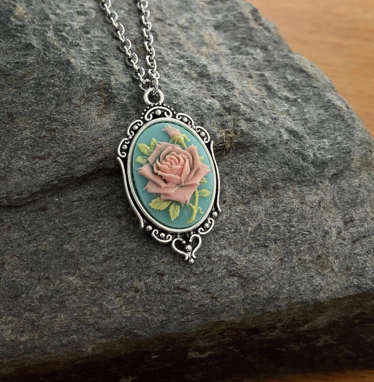 Pink on Aqua Blue ROSE Cameo Necklace Vintage Pendant, Any Length Chain
