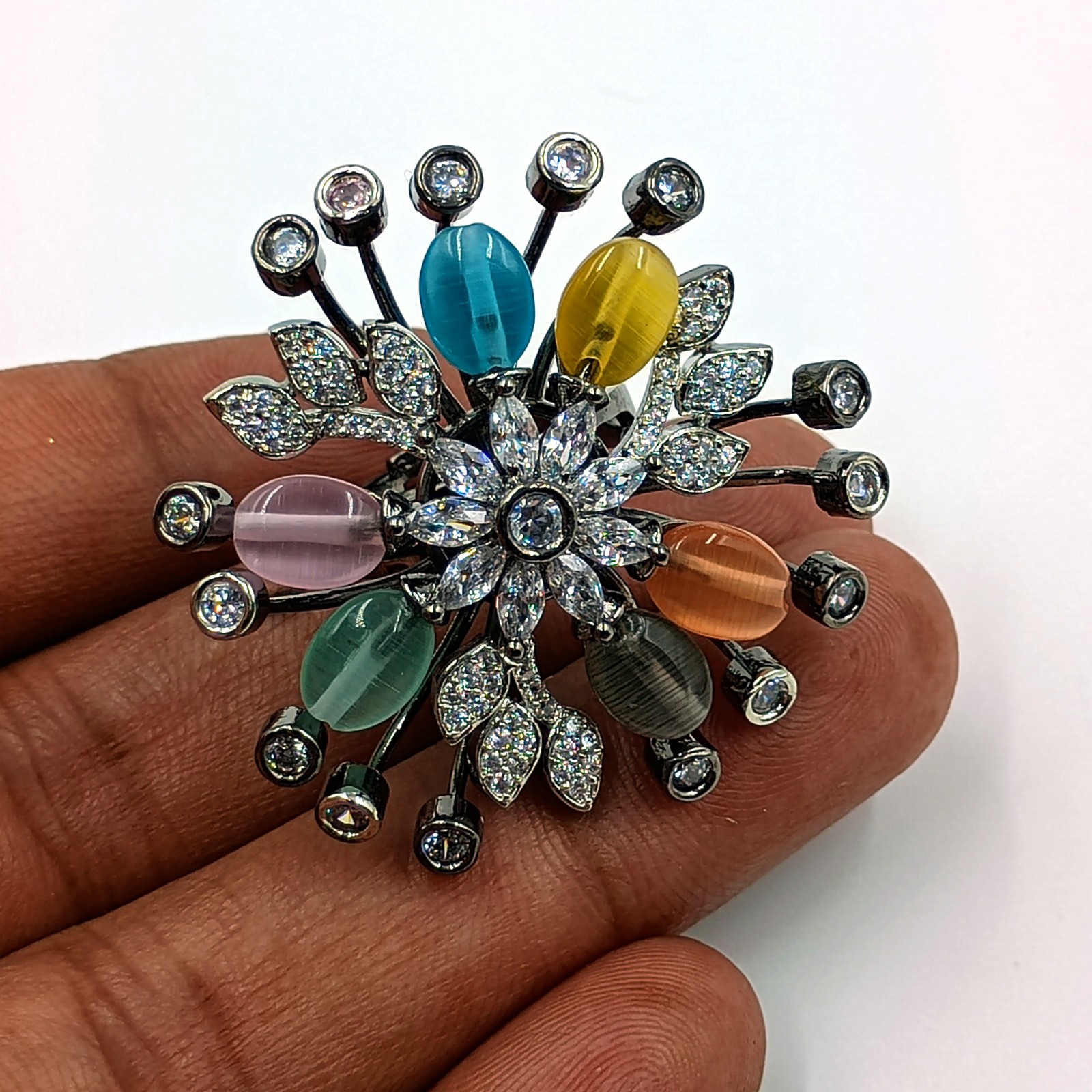 Handmade Multi Stone Ring Adjustable Cubic Zirconia Black Rhodium Plated Boho
