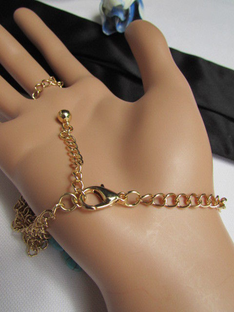 WOMEN GOLD FASHION JEWELRY HAND CHAINS TURQUOISE BLUE BEADS BRACELET SLAVE RING