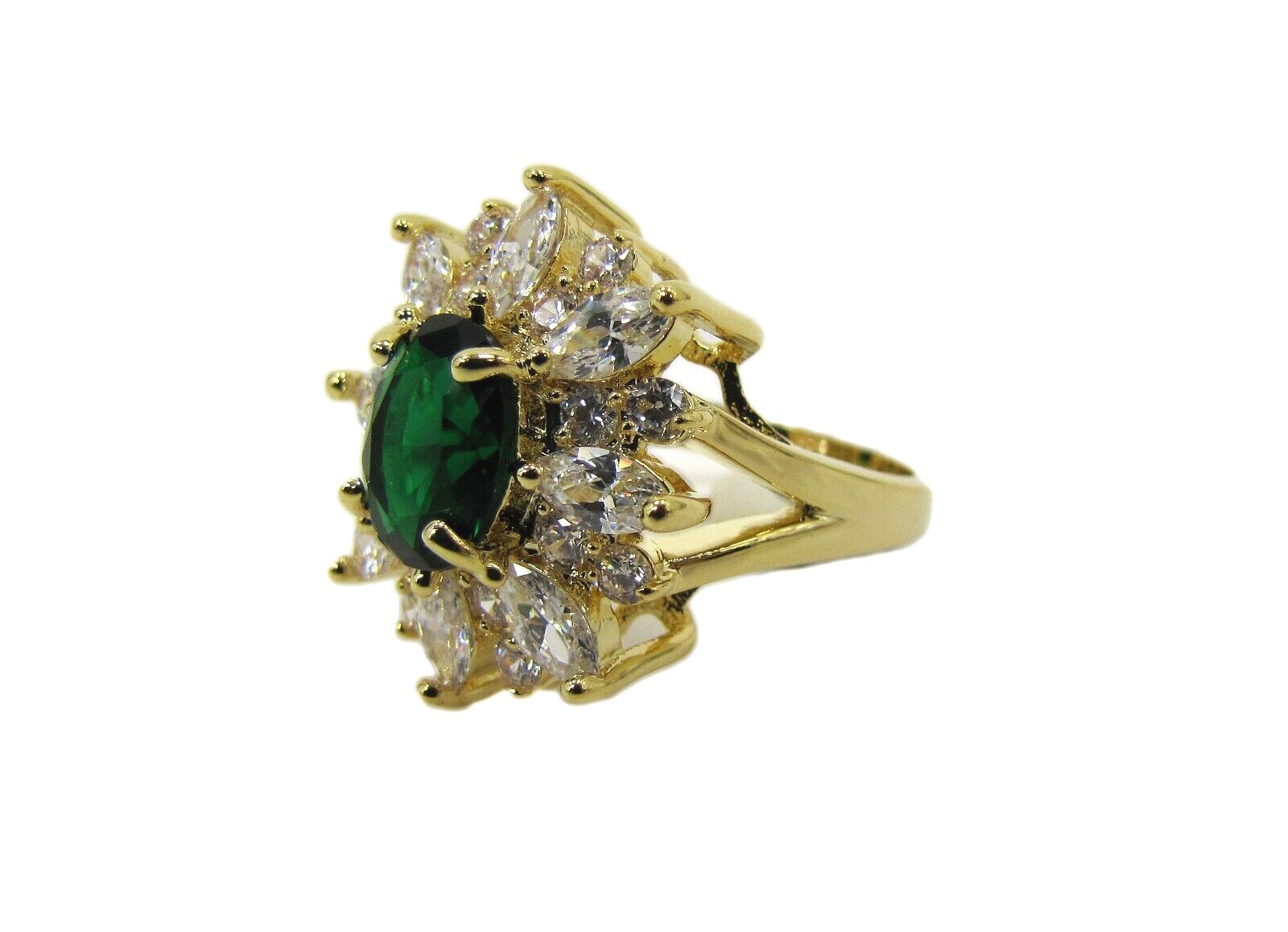 Large green oval cubic zirconia stone ring with clear marquise round CZ stones