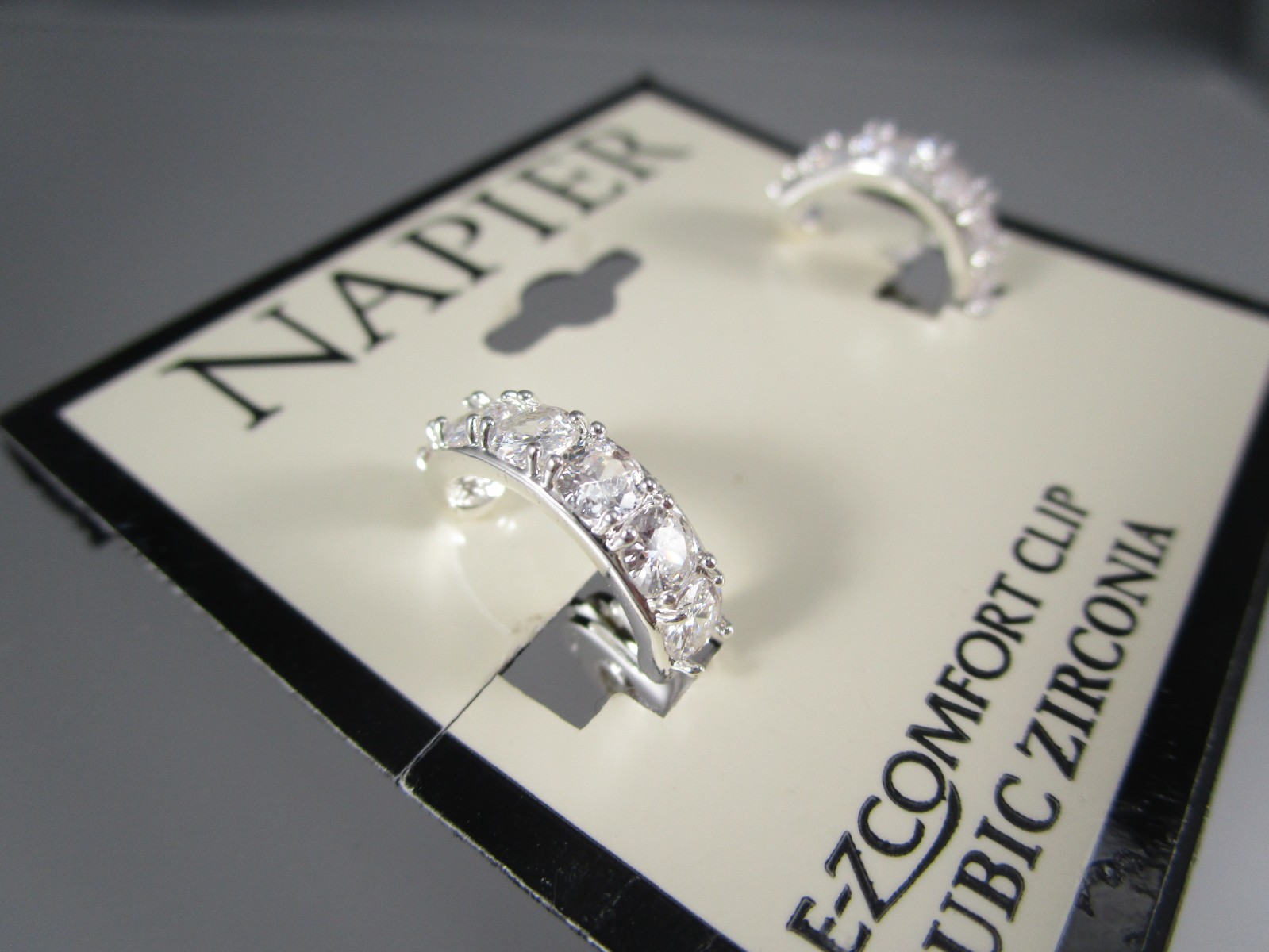 NWT NAPIER 5/8″ Silver Tone Hoop Cubic Zirconia Design Clip on Earrings 172N