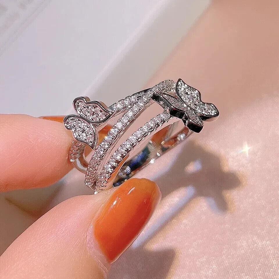 Round Cut Simulated Diamond Butterfly Engagement Ring In 14K White Gold Plated