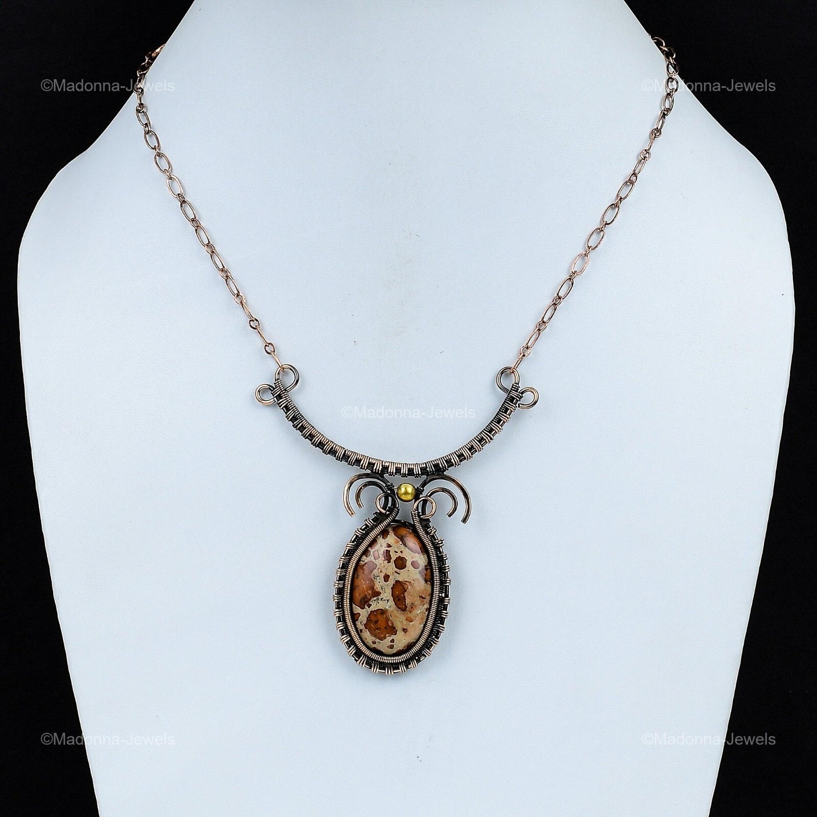 Oval Asteroid Jasper Gemstone Copper Sister Chain Wire Wrapped Birthday Necklace