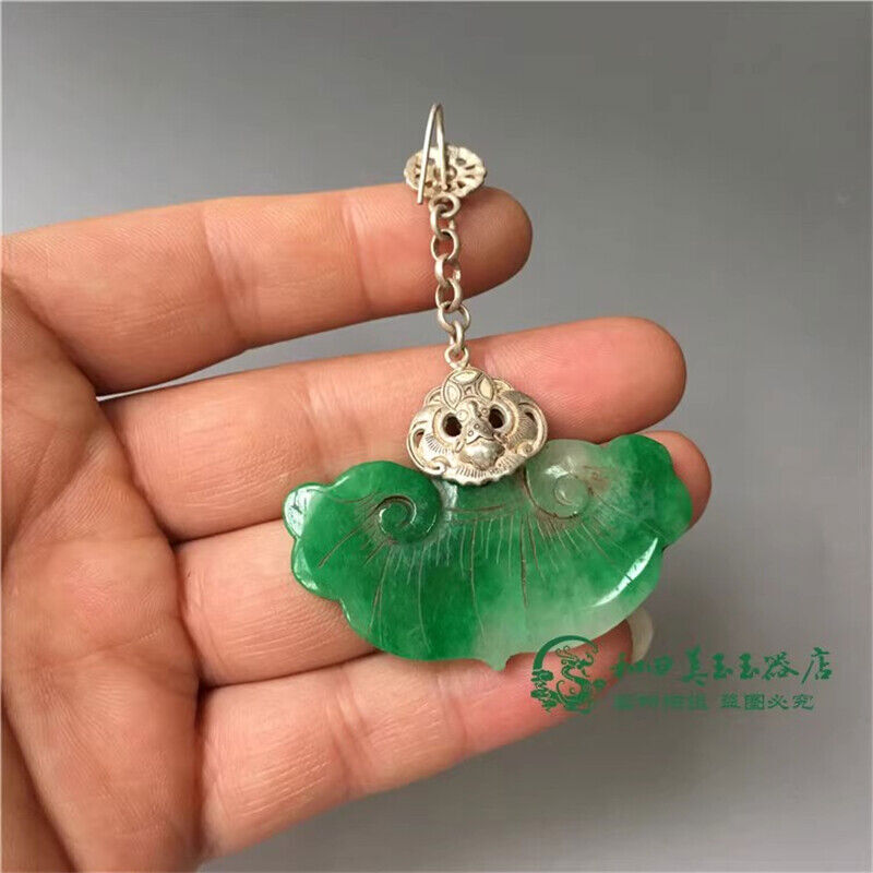 Chinese Antique Tibetan Silver Inlaid Natural Jade Earrings Lucky Jewelry Gifts