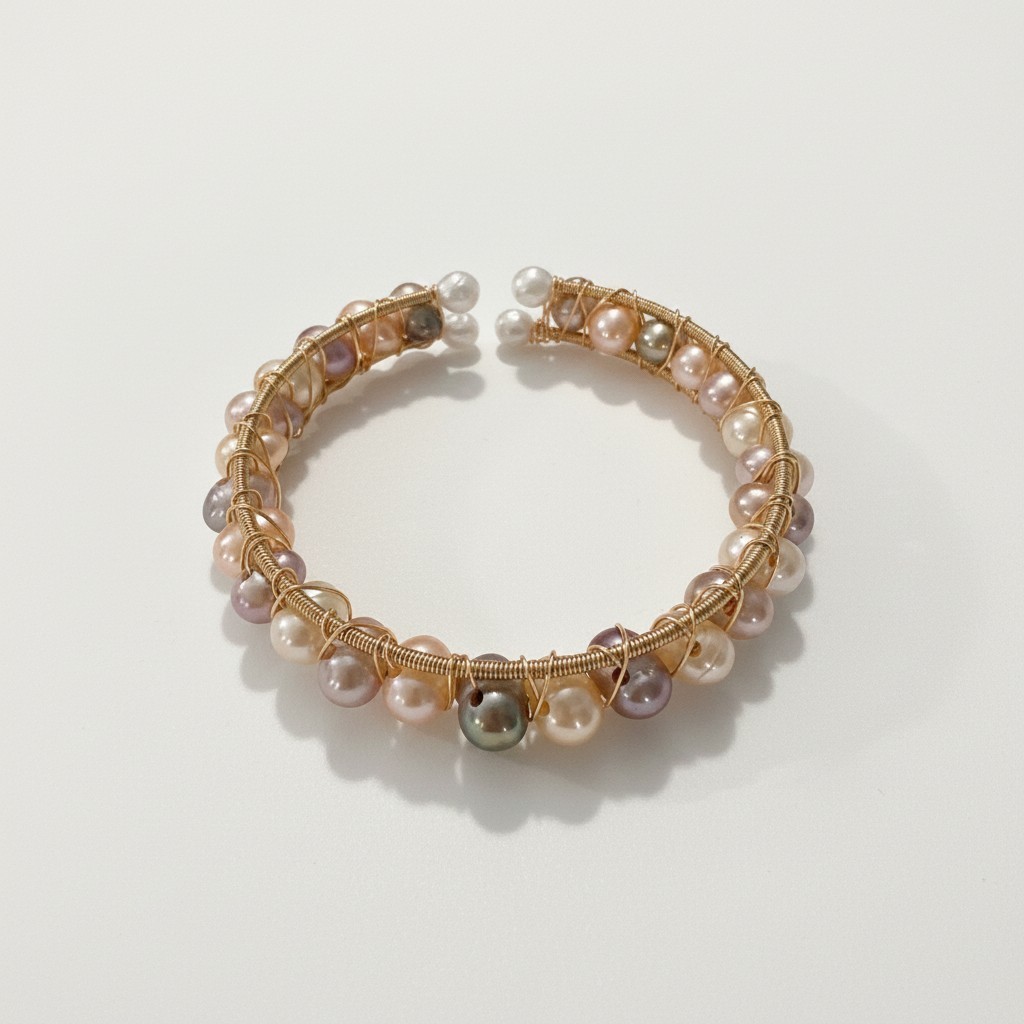 Natural Freshwater Pearl Wire Wrapped Cuff Bracelet Gold Tone Handmade Boho Gift