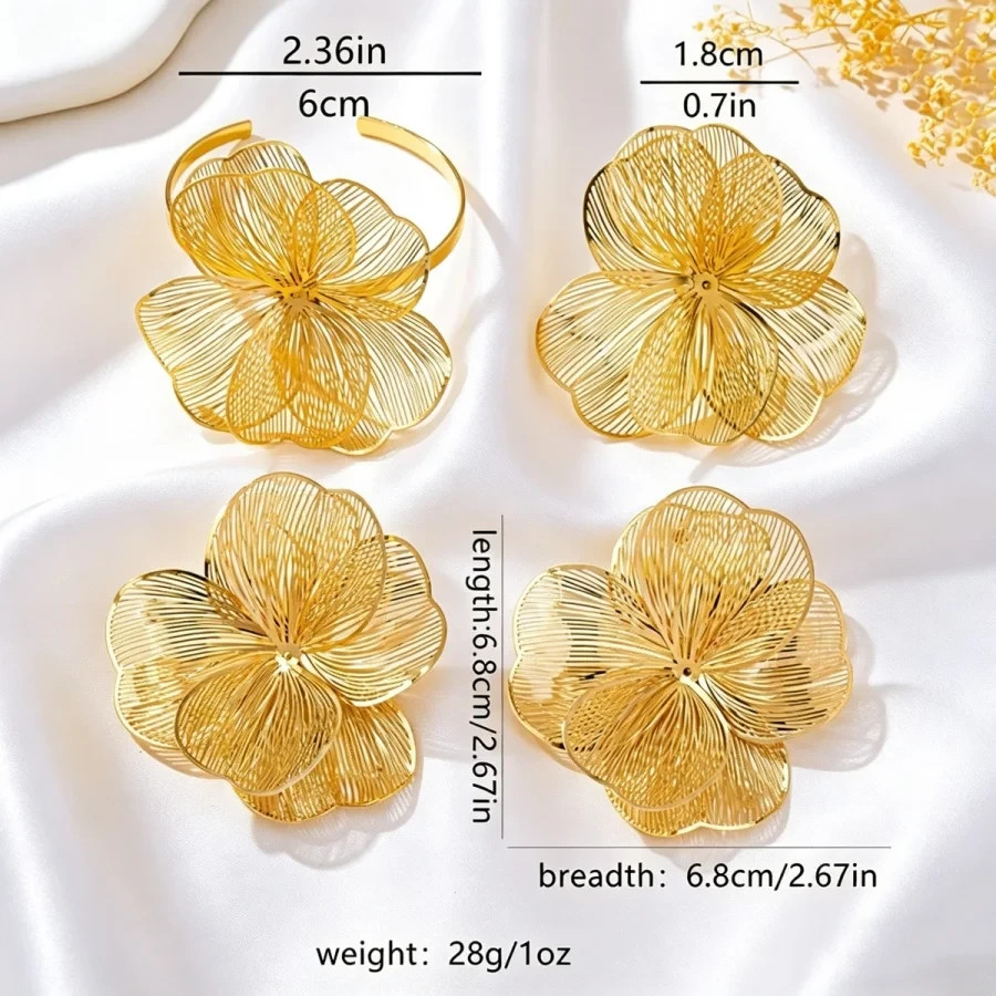 Gold Tone Filigree Flower Jewelry Set Statement Necklace Earrings Floral Women