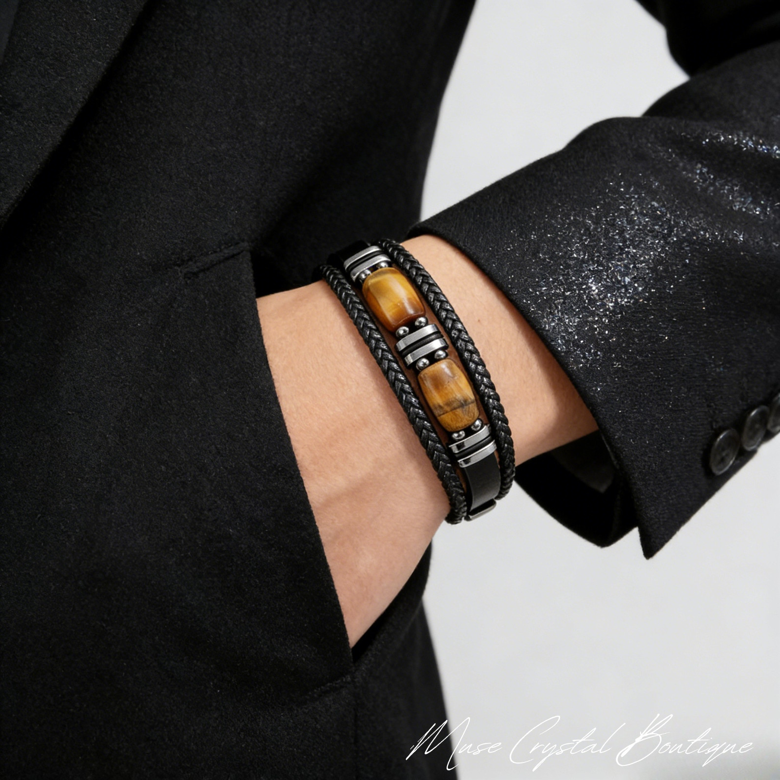 Natural Tiger Eye Bracelet Men Genuine Leather Braided Healing Energy Jewelry