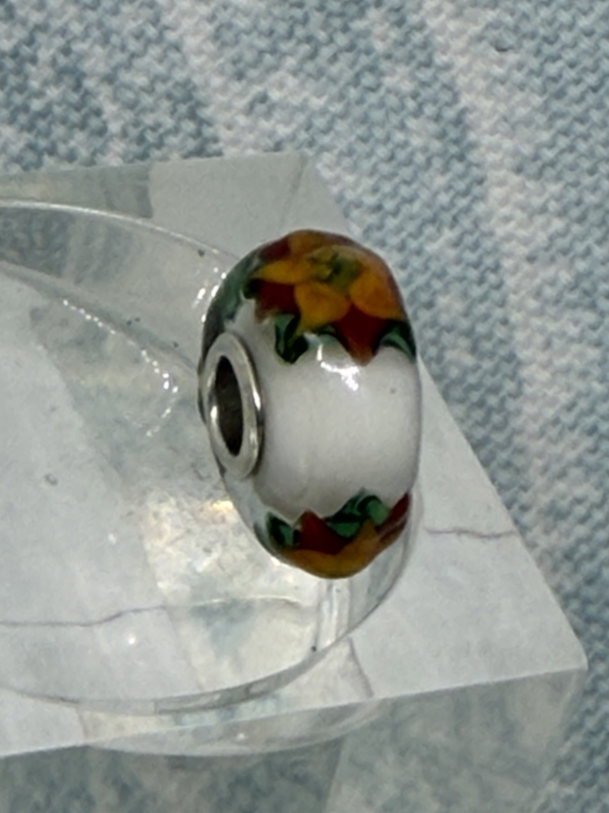 Authentic Trollbeads OOAK Yellow Star Flowers & Green on White CC, New (117)