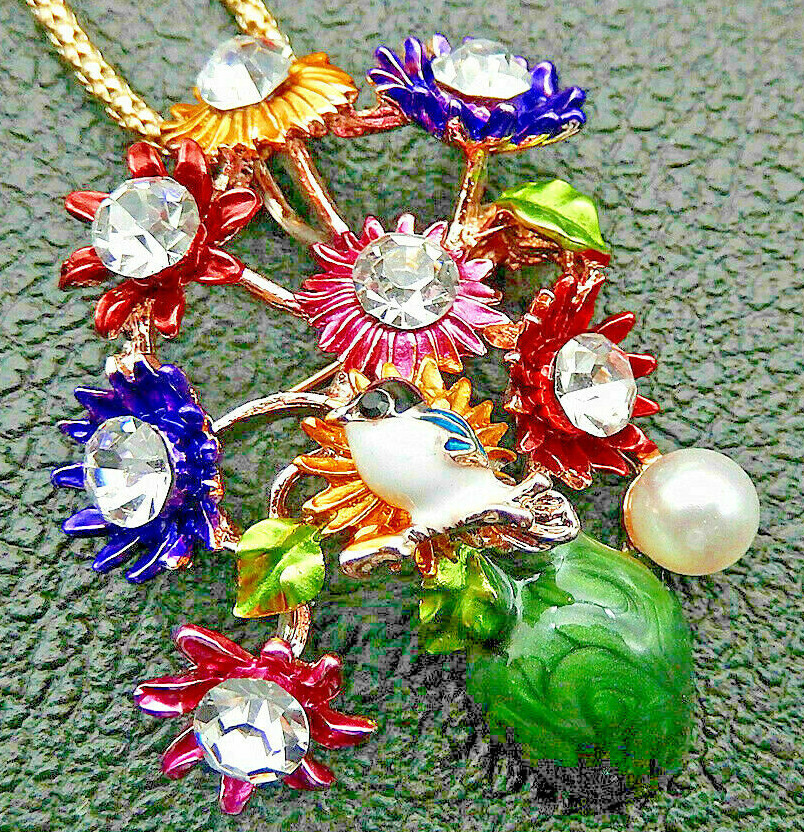 Summer Time RAINBOW Flowers VASE Bouquet BIRD Rhinestone Necklace Pendant Brooch
