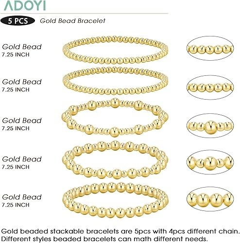 Gold Bracelets for Women, 14K Gold Plated Beaded Stretch Bracelet Strand Bead…