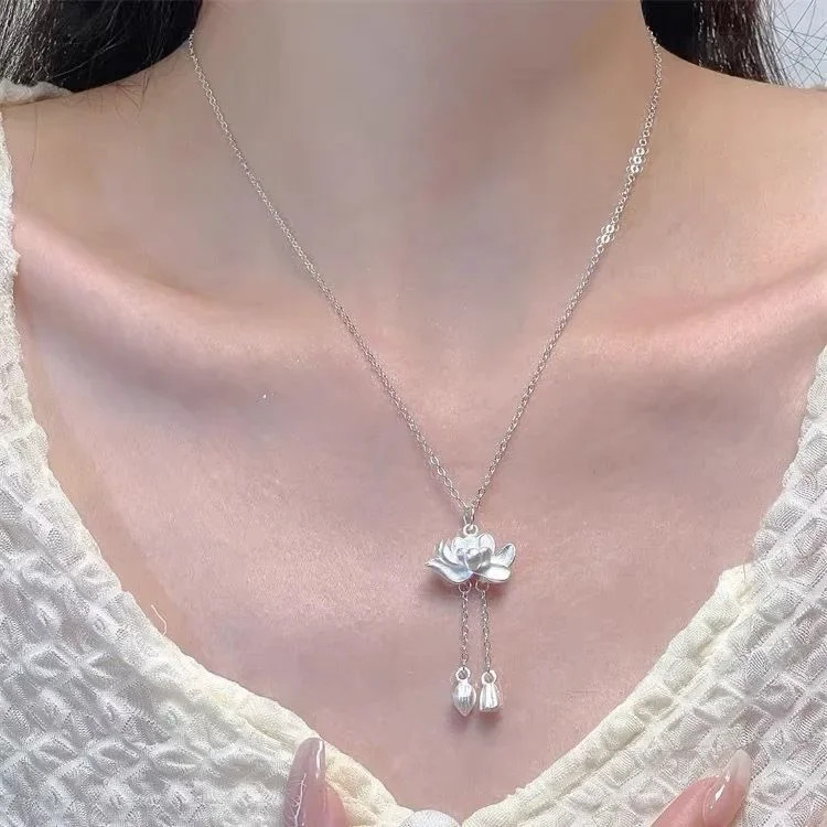 Lotus Tassel Necklace Women’s New Popular Good Luck Lotus Pendant Chinese Style