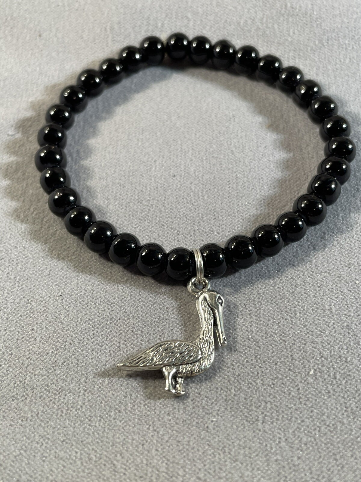 Pelican Silver charm Black Pearl Bracelet Stretch Bead Jewelry Handcrafted NEW