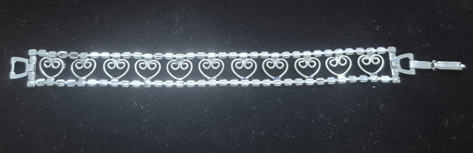 Silver Tone Heart Link Chain Bracelet, Metal Rectangle Shape, Slide Clasp