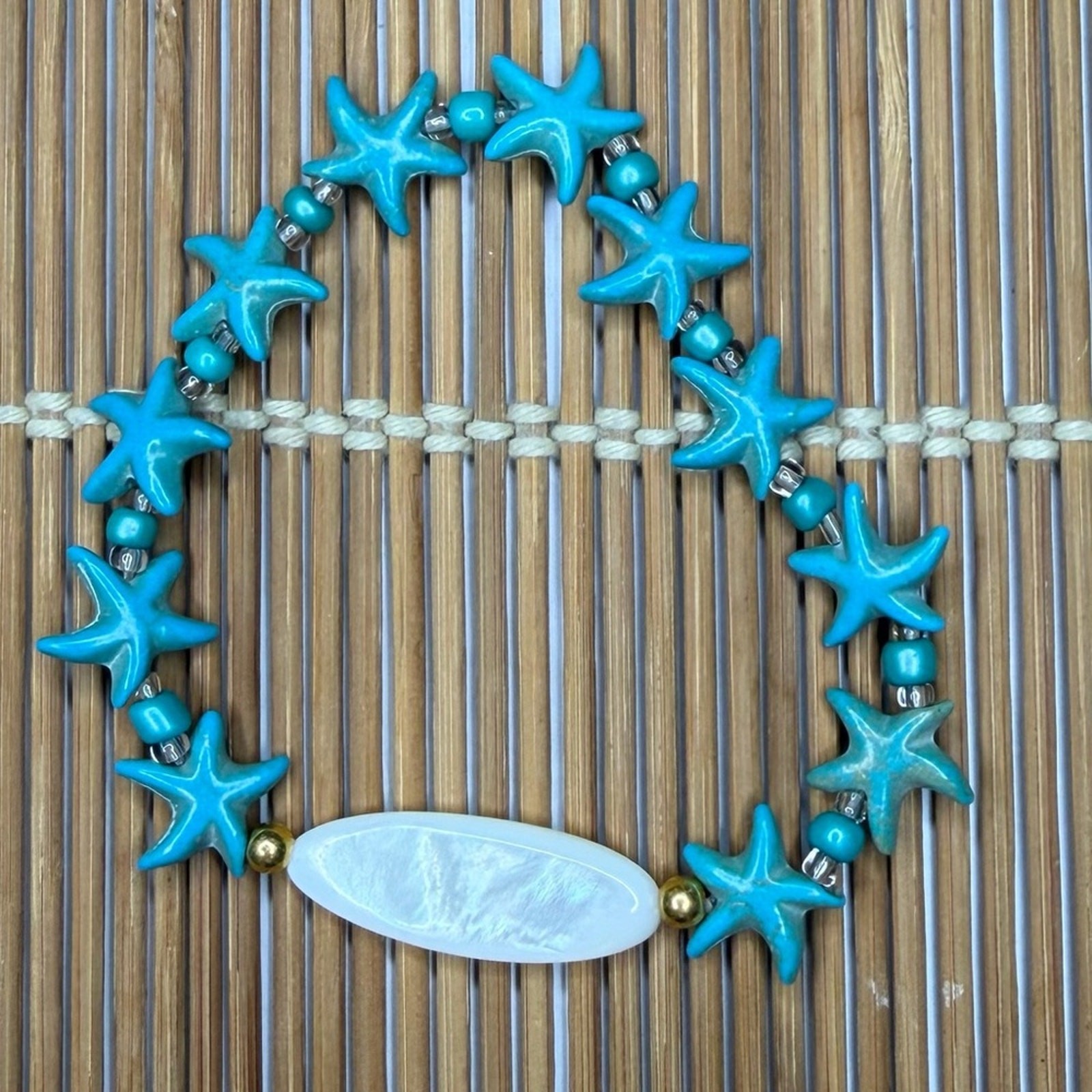 Mother of Pearl with dyed howlite starfish bracelet handmade stretchy 7 inch
