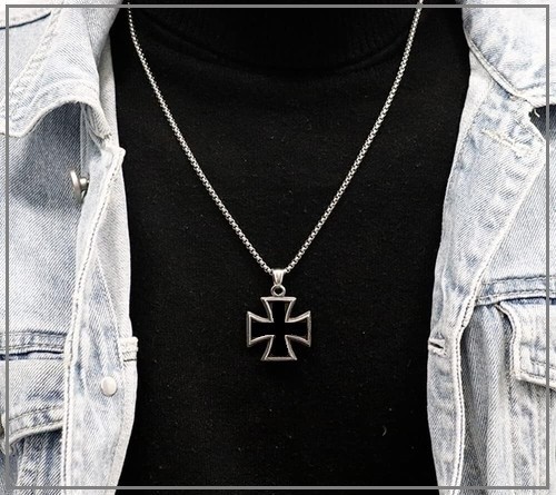 IRON CROSS Necklace – 1″ Silver Steel Pendant – 24″ Stainless Chain
