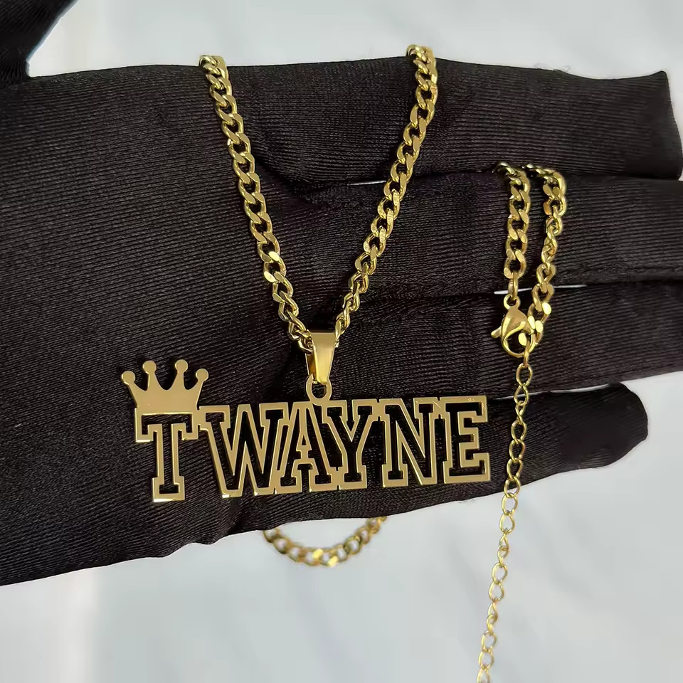Custom Hollow Name Necklace Crown Pendant Jewelry Stainless Steel Cuban Chain