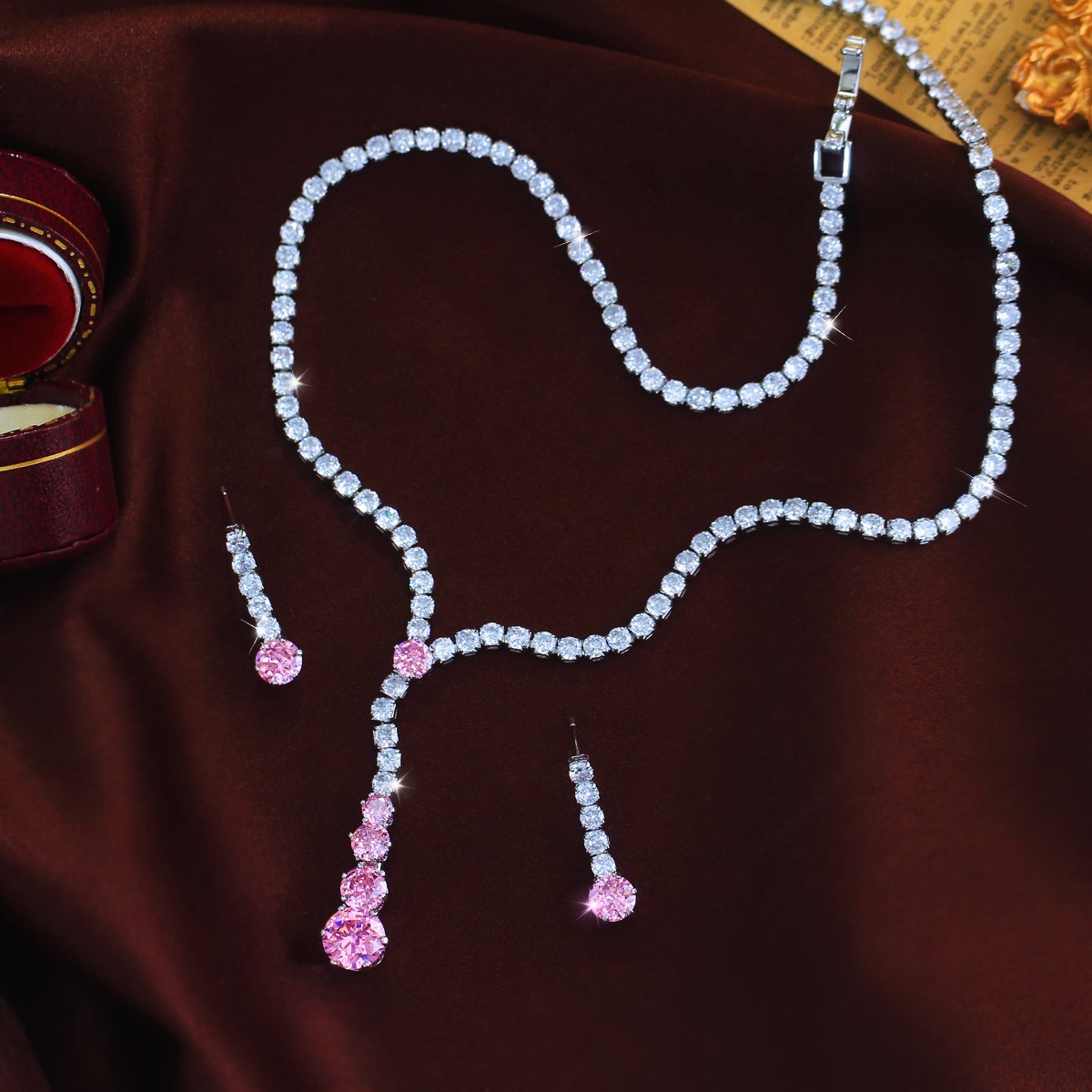 Women Stylish Long Drop Necklace and Earrings Silver Plated Round CZ Jewelry Set