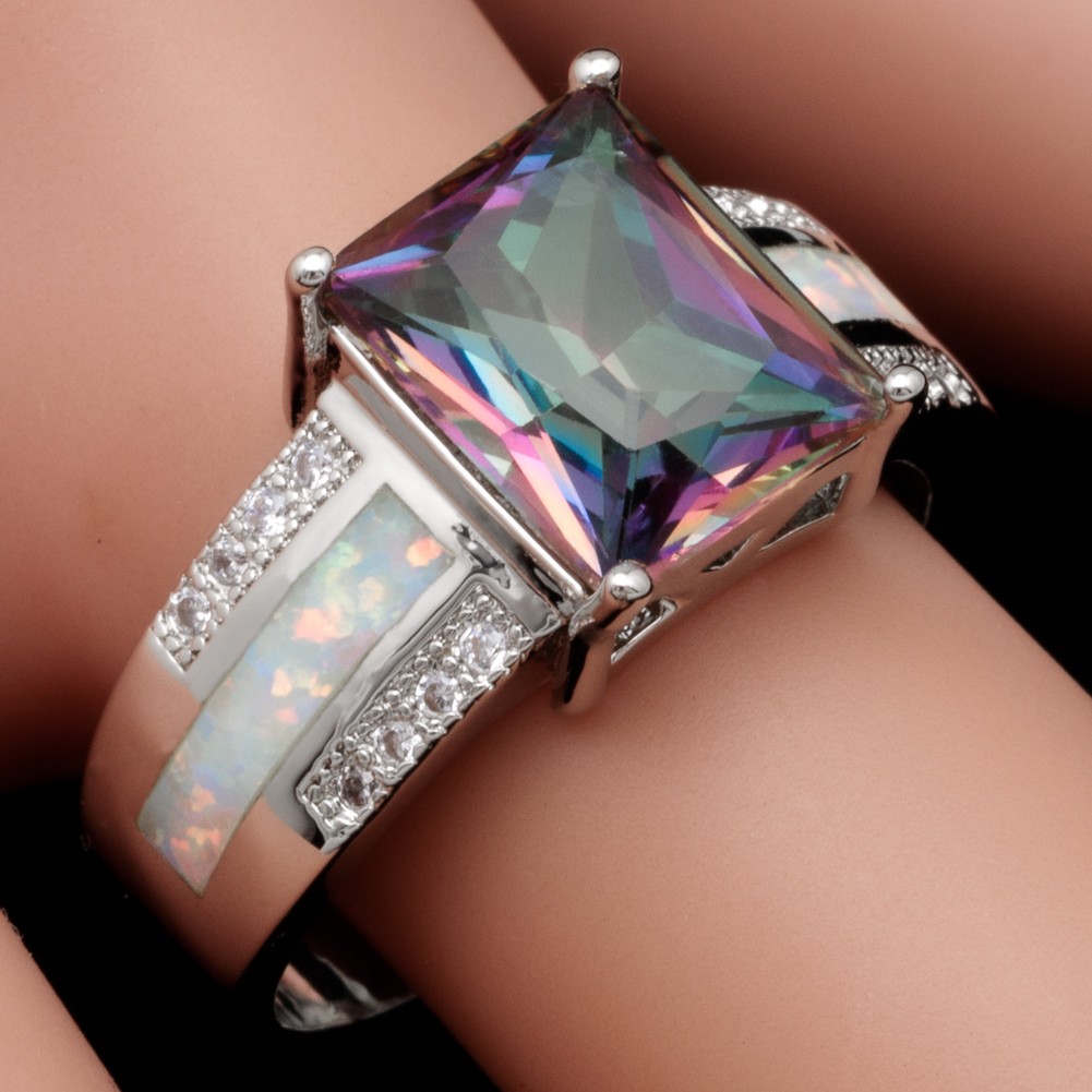 8×10 Rectangle Mystic Topaz White Fire Opal Silver Jewelry Women Ring SZ 7 8 9