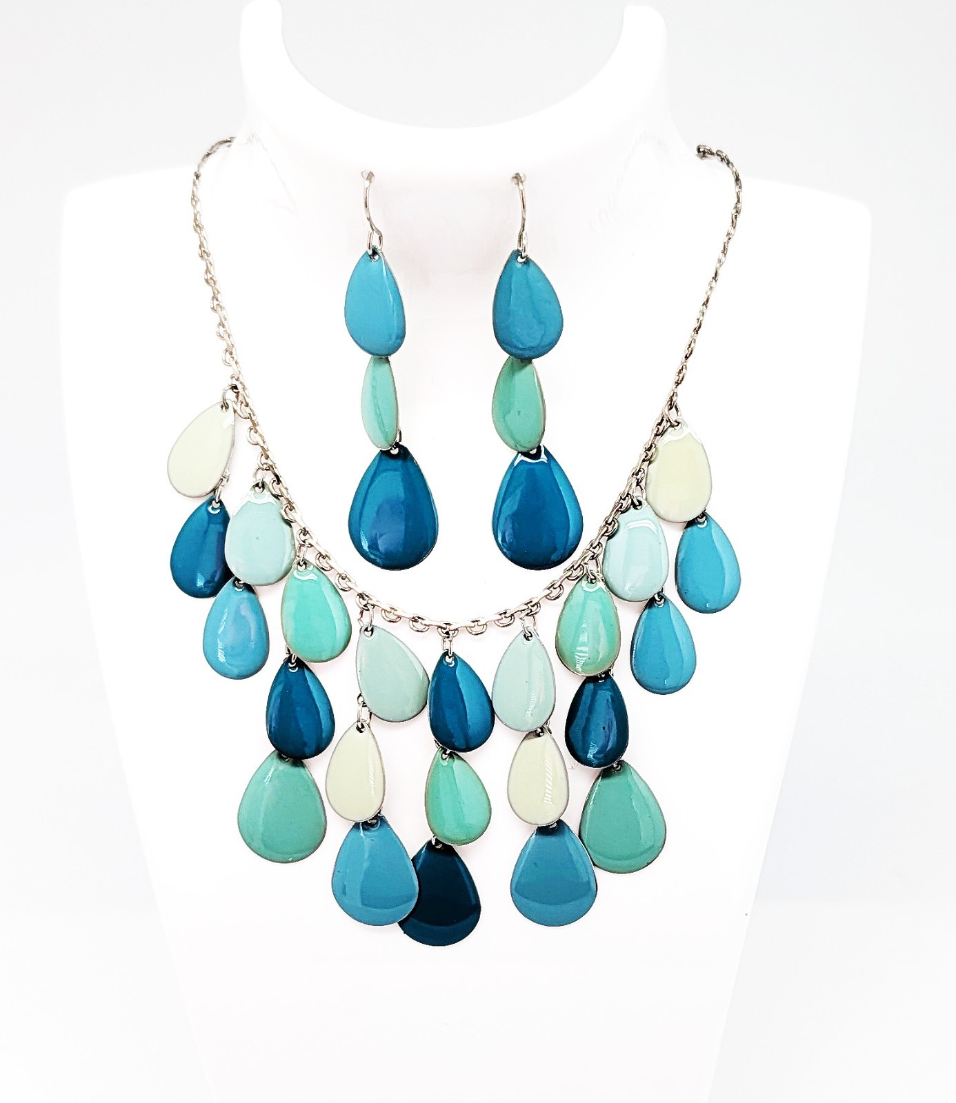 DESIGNER INSPIRED 17 in BLUE MULTI PEAR DROP DANGLE ENAMEL SILVER JEWELRY SET