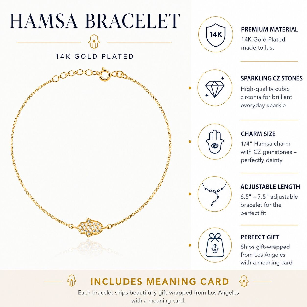925 Silver Hamsa Bracelet CZ Yellow Gold Plated Adjustable Chain