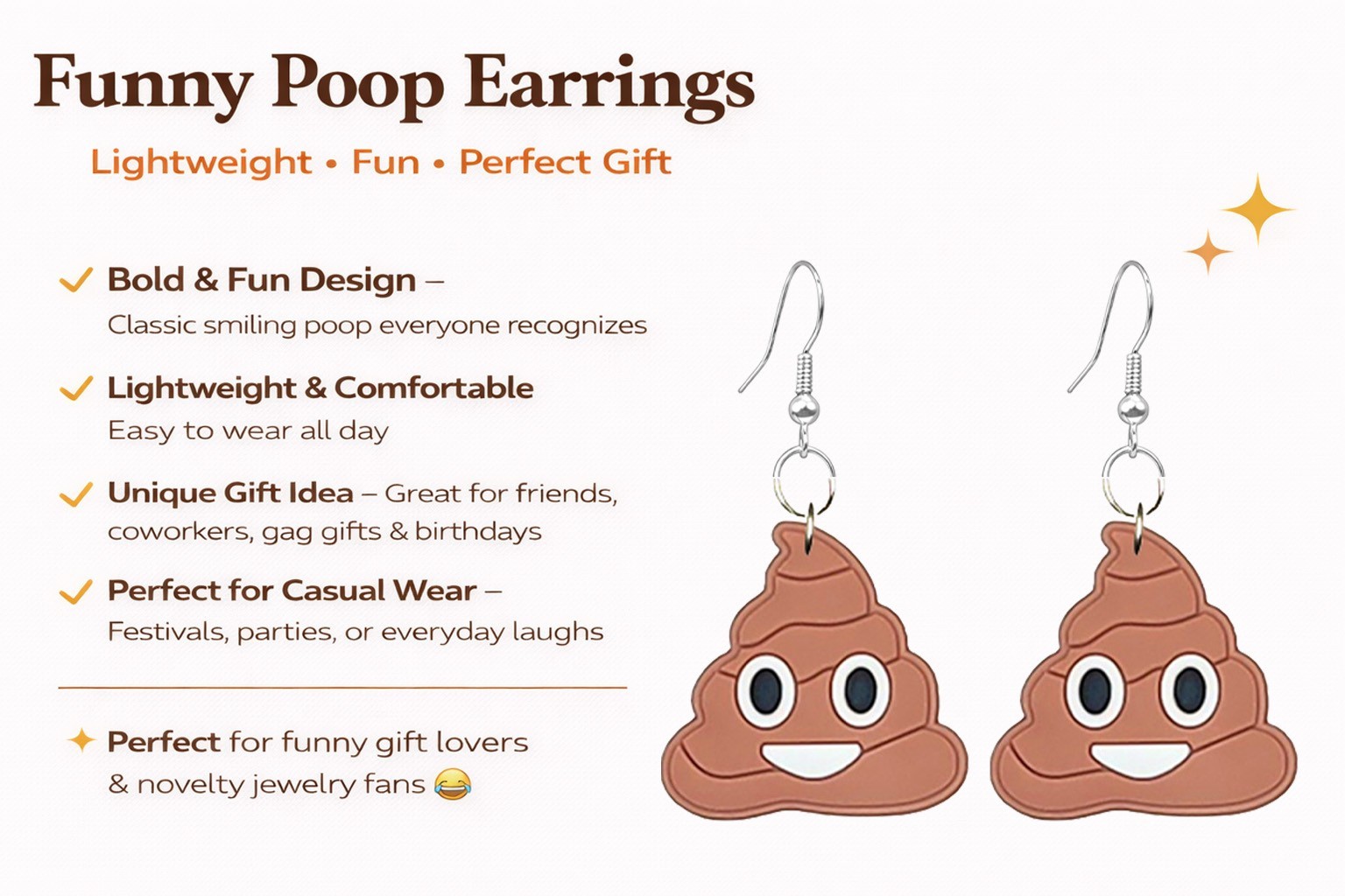 Funny Poop Earrings | Novelty Dangle Earrings | Lightweight Gag Gift Jewelry