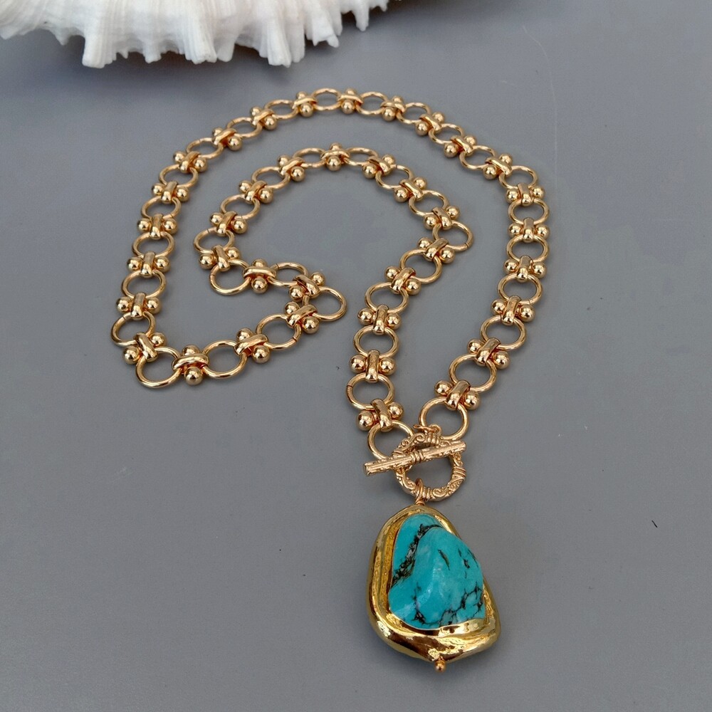 Gold Plated Chain Chokers Necklace Blue Turquoise Pendant Designer Gems Jewelry