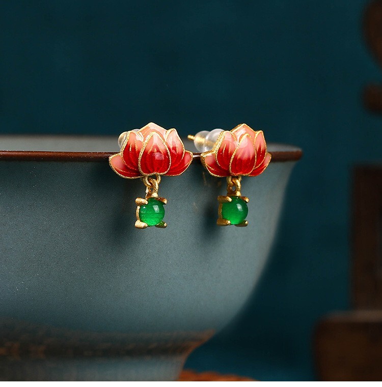 Jade Enamel Dangle Earrings Boho Lotus Flower Dainty Gemstone 18K Gold Plated