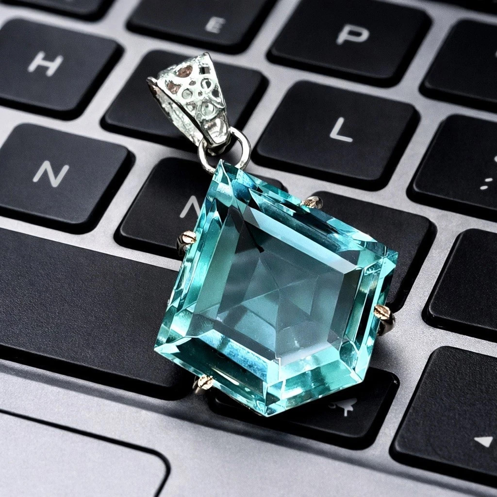 54.55 CT Aqua Blue Topaz Fancy Cut Pendant Necklace Sterling Silver With Chain