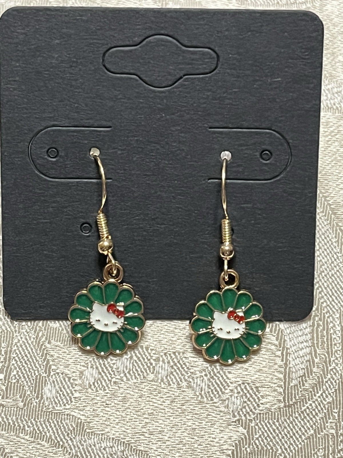 Hello Kitty Green Flower Gold Dainty Dangle Adorable Fashion Fun Earring Set