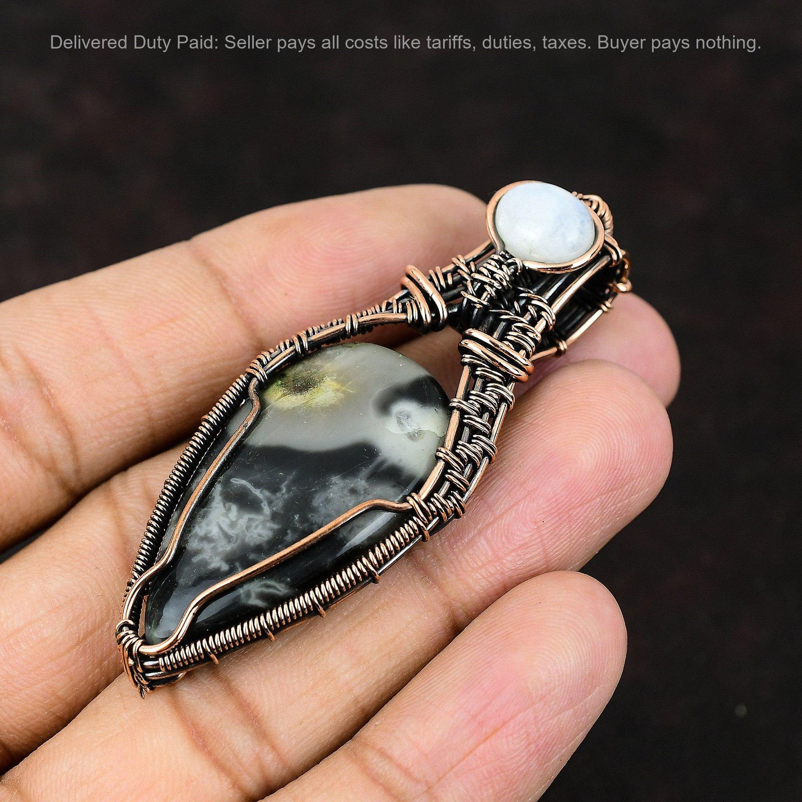 Copper Picasso Jasper Stone Rainbow Moonstone Boho Wire Wrapped Pendant Jewelry