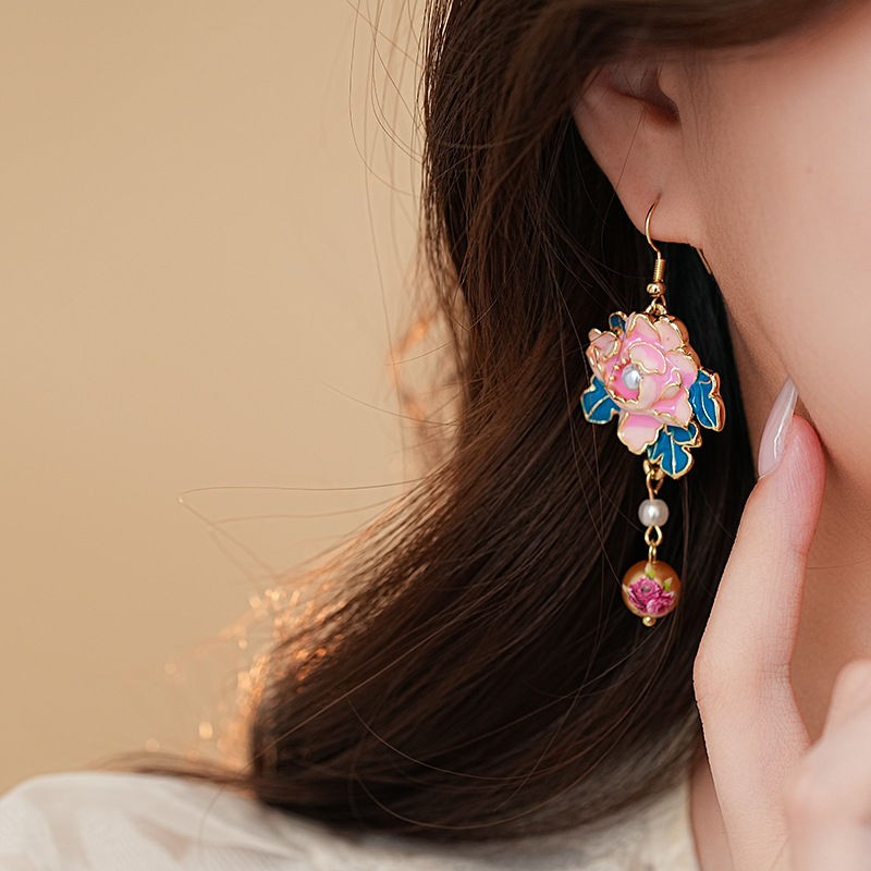 Chinese Style Enamel Painted Flower Pearl Tassel Earrings Vintage Jewelry