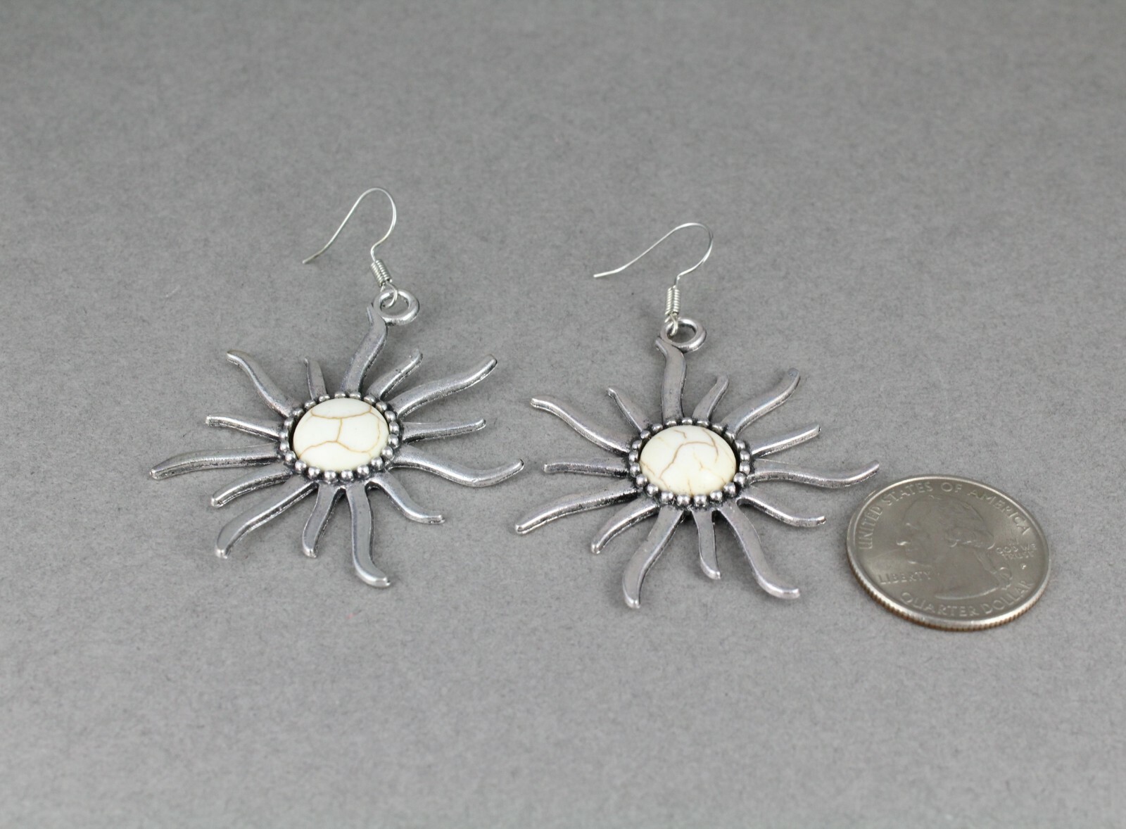 silver sun earrings cream center bead dangle lightweight 2.5″ long long rays