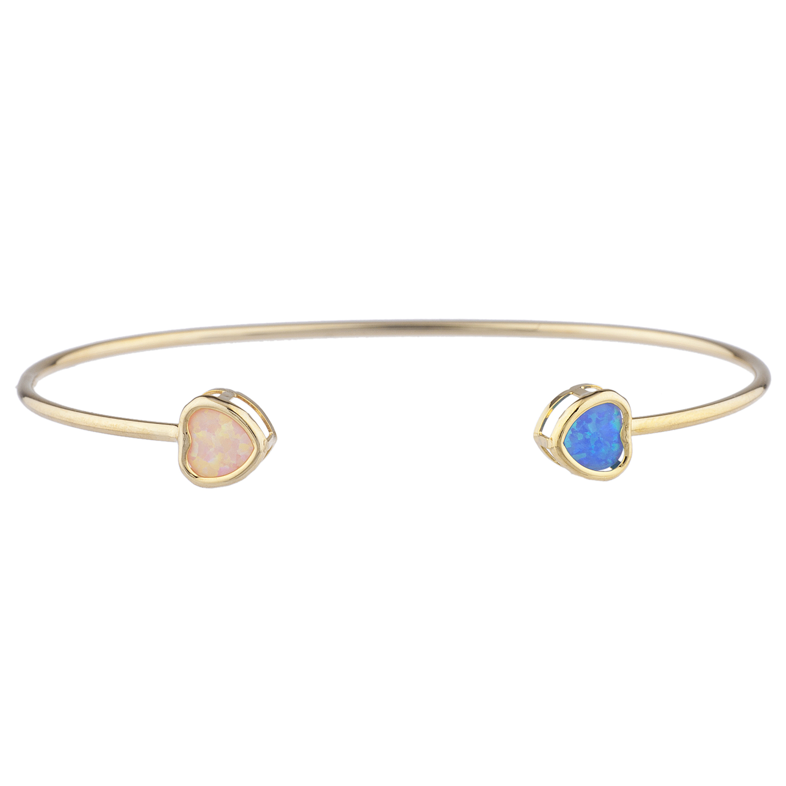 14Kt Gold Blue & Pink Opal Heart Bezel Bangle Bracelet