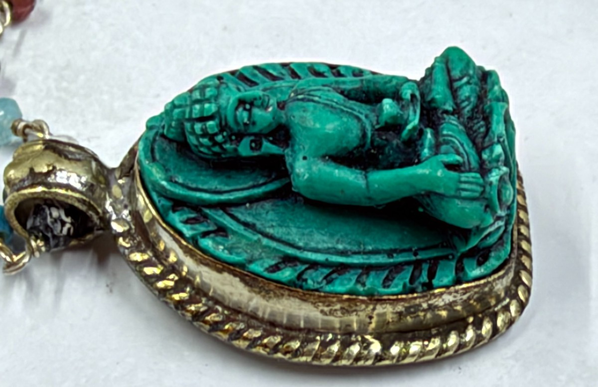 Silver Necklace Crystals on Chain Handcrafted Inlaid Turquoise Shakyamuni 3D