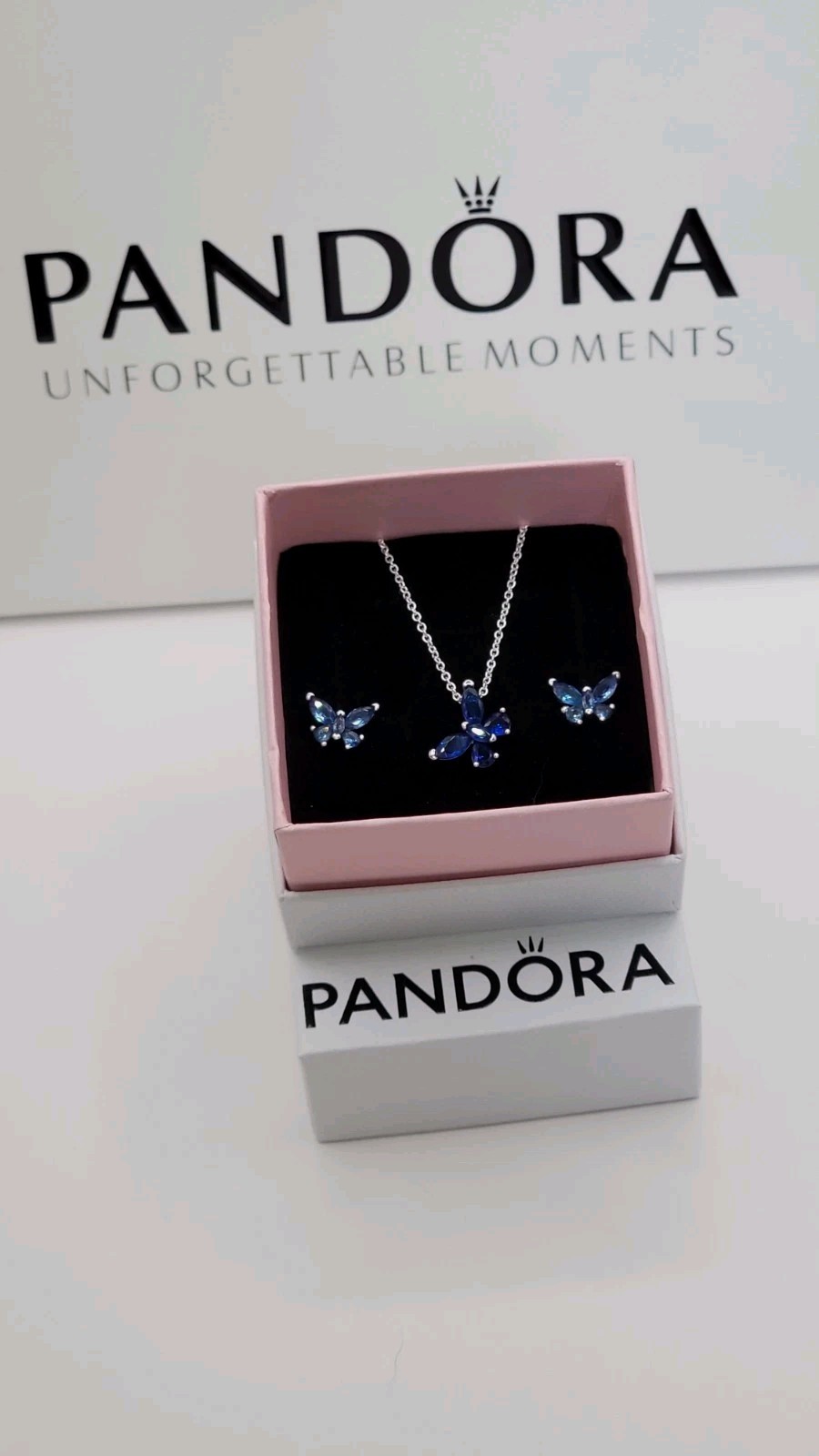 Authenti PANDORA 925 Sparkling Blue Butterfly Earrings Necklace Gift Set Z6