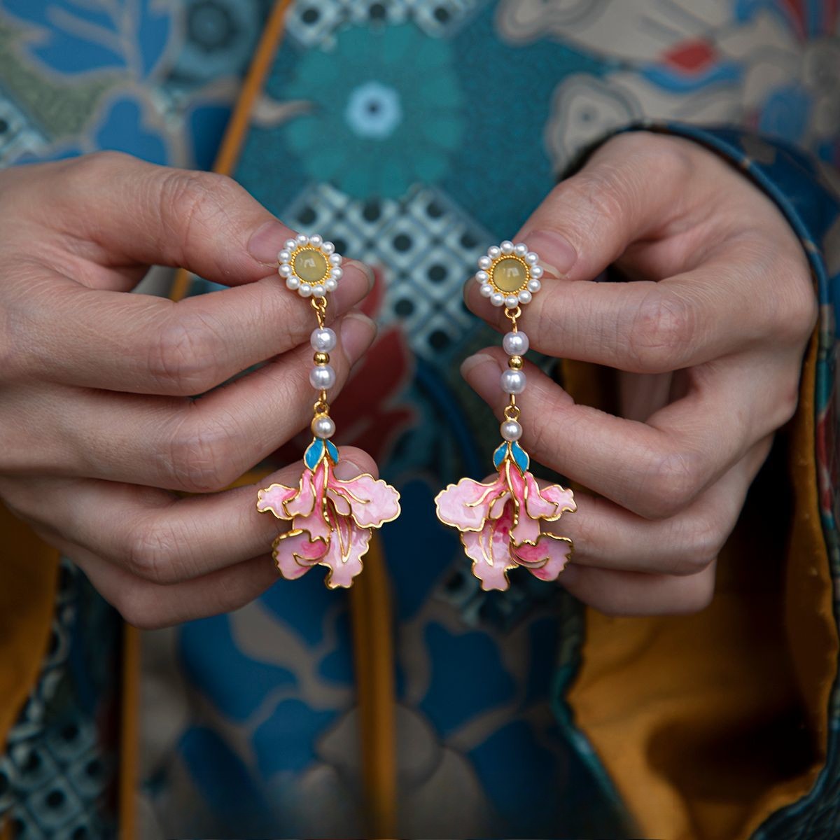 Chinese Style Magnolia Flower Tassel Earrings Enamel Drop Dangle Stud