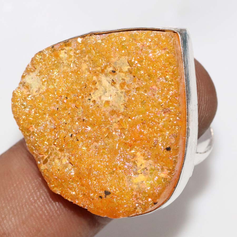 Yellow Titanium Druzy 925 Silver Plated Ring US 10 Modern Design Trendy JW