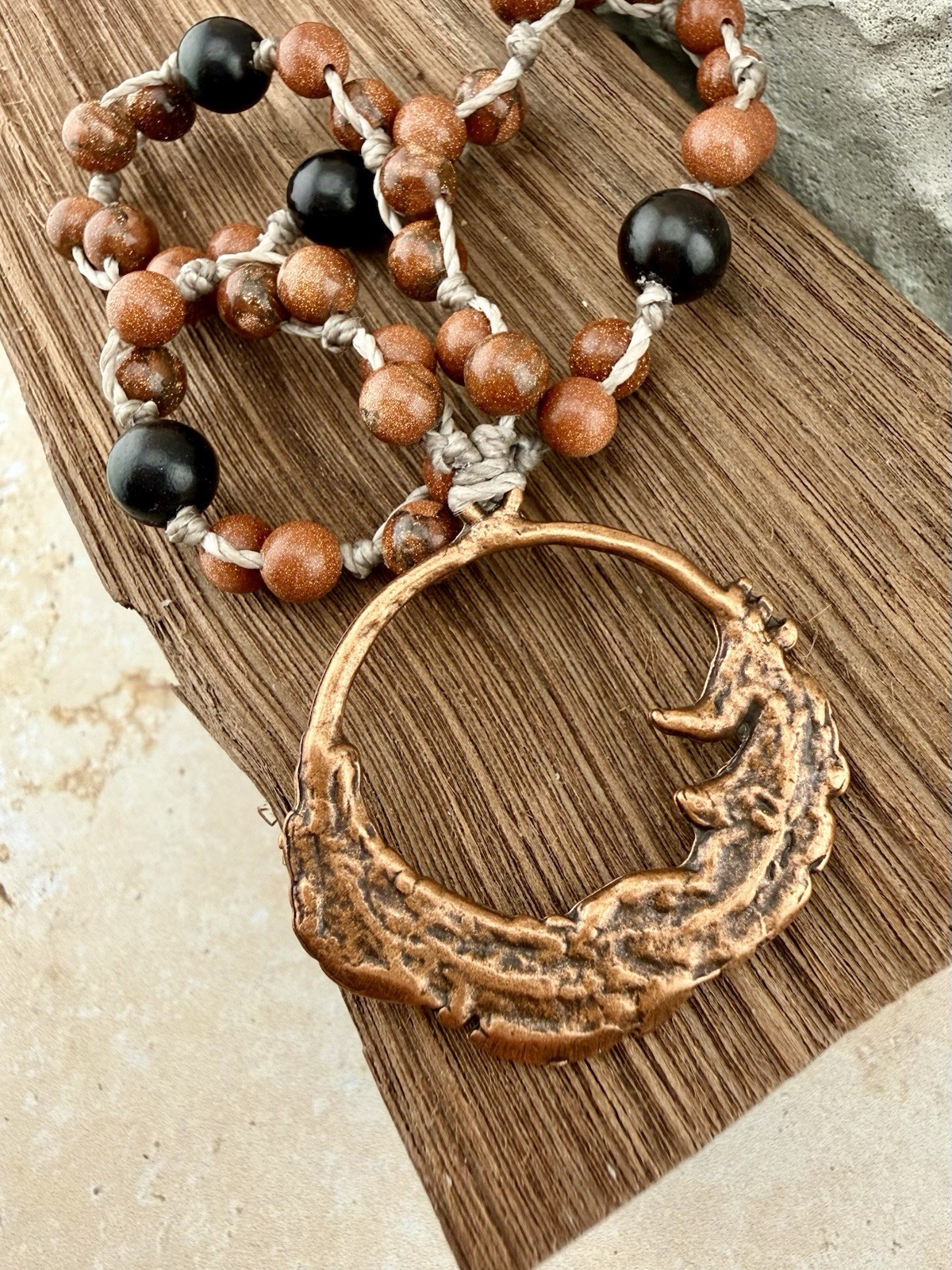 Copper Feather Pendant Necklace, Red Goldstone Crystal Ebony Wood. USA Artisan