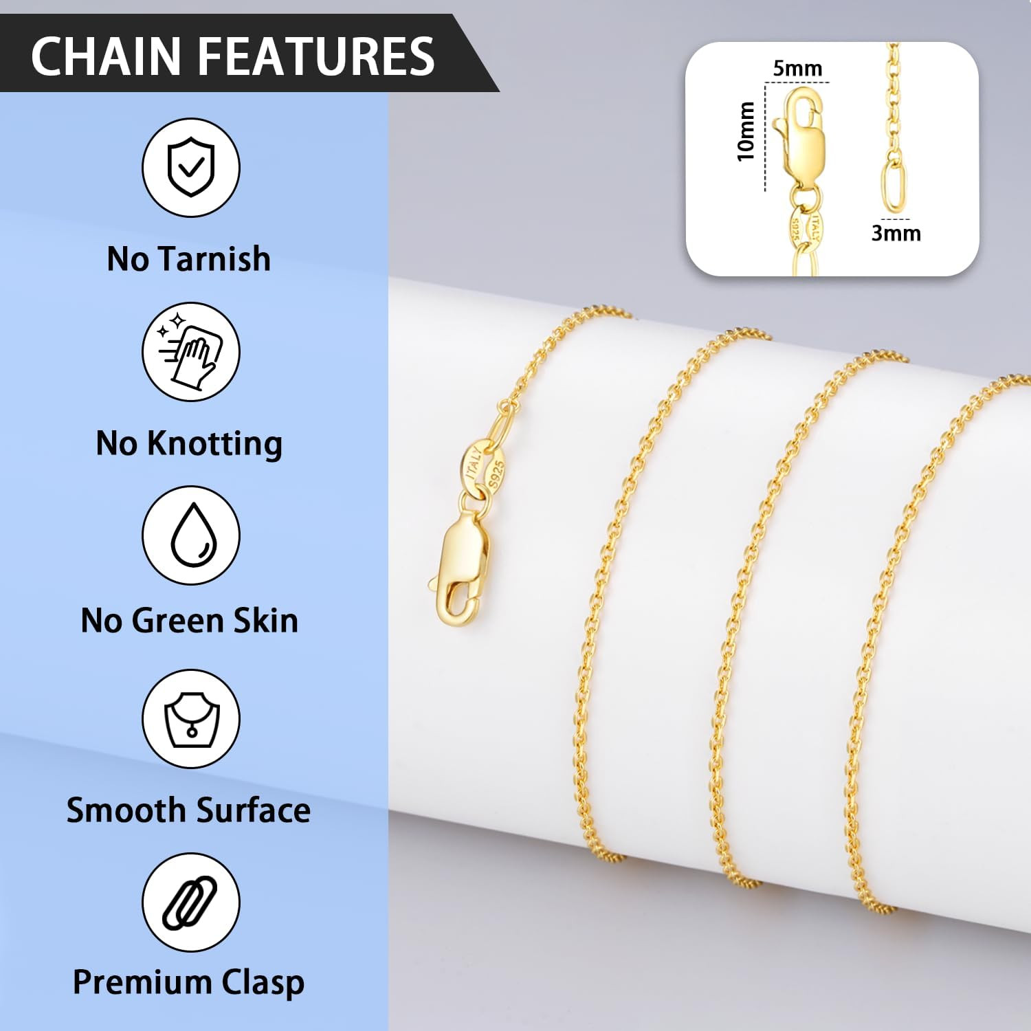 1Mm 1.2Mm Cable Chains 925 Sterling Silver Chain Necklace for Women, 14K Gold Pl