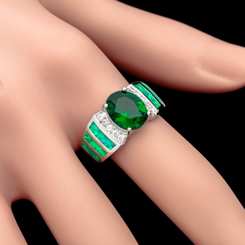 8×10 Simulated Emerald Kiwi Green Fire Opal CZ Silver Jewelry Ring 7 8 9 10