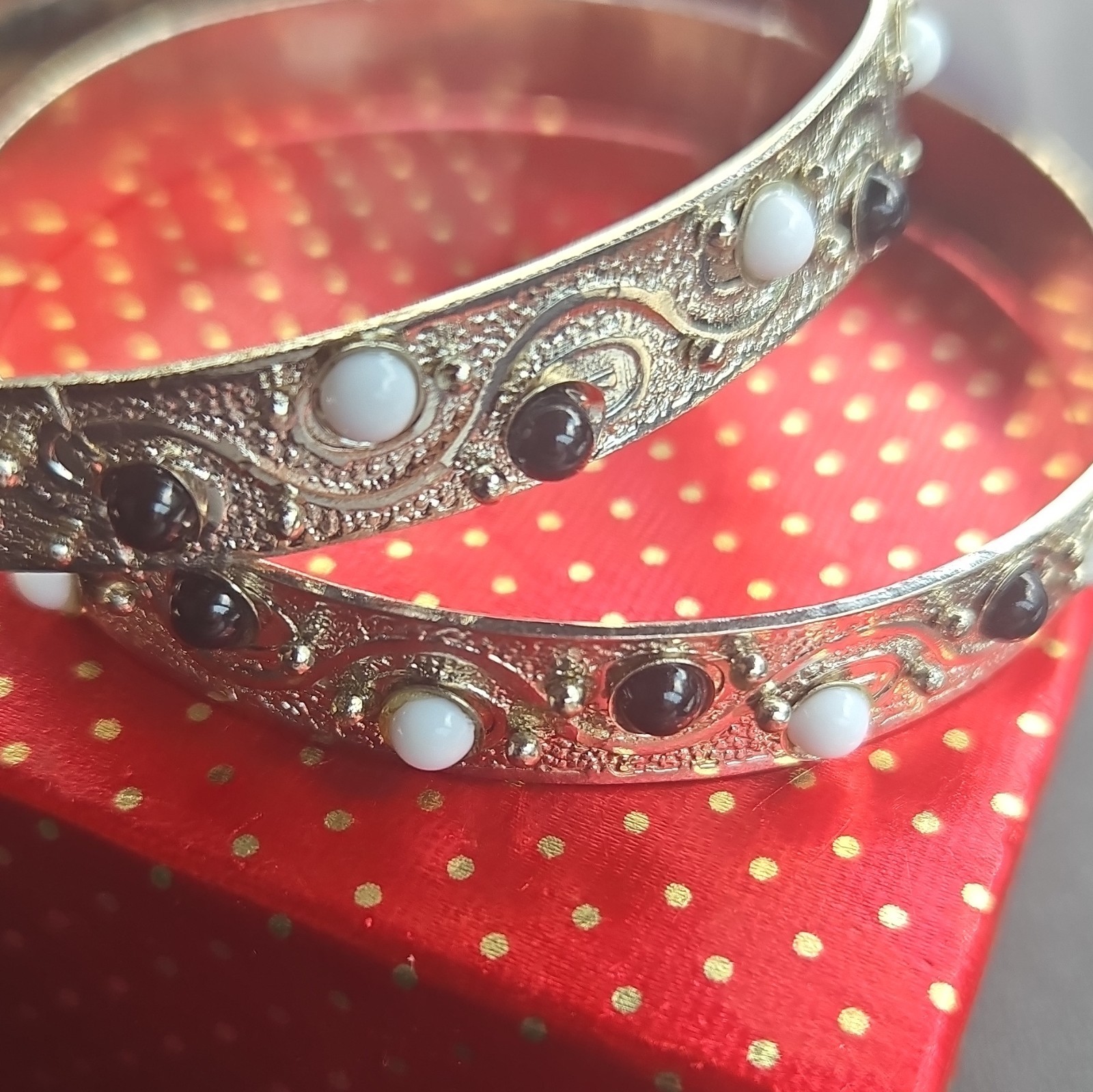 Pair Silver-Tone Metal Bangle Bracelets w/ Black & White Round Stones
