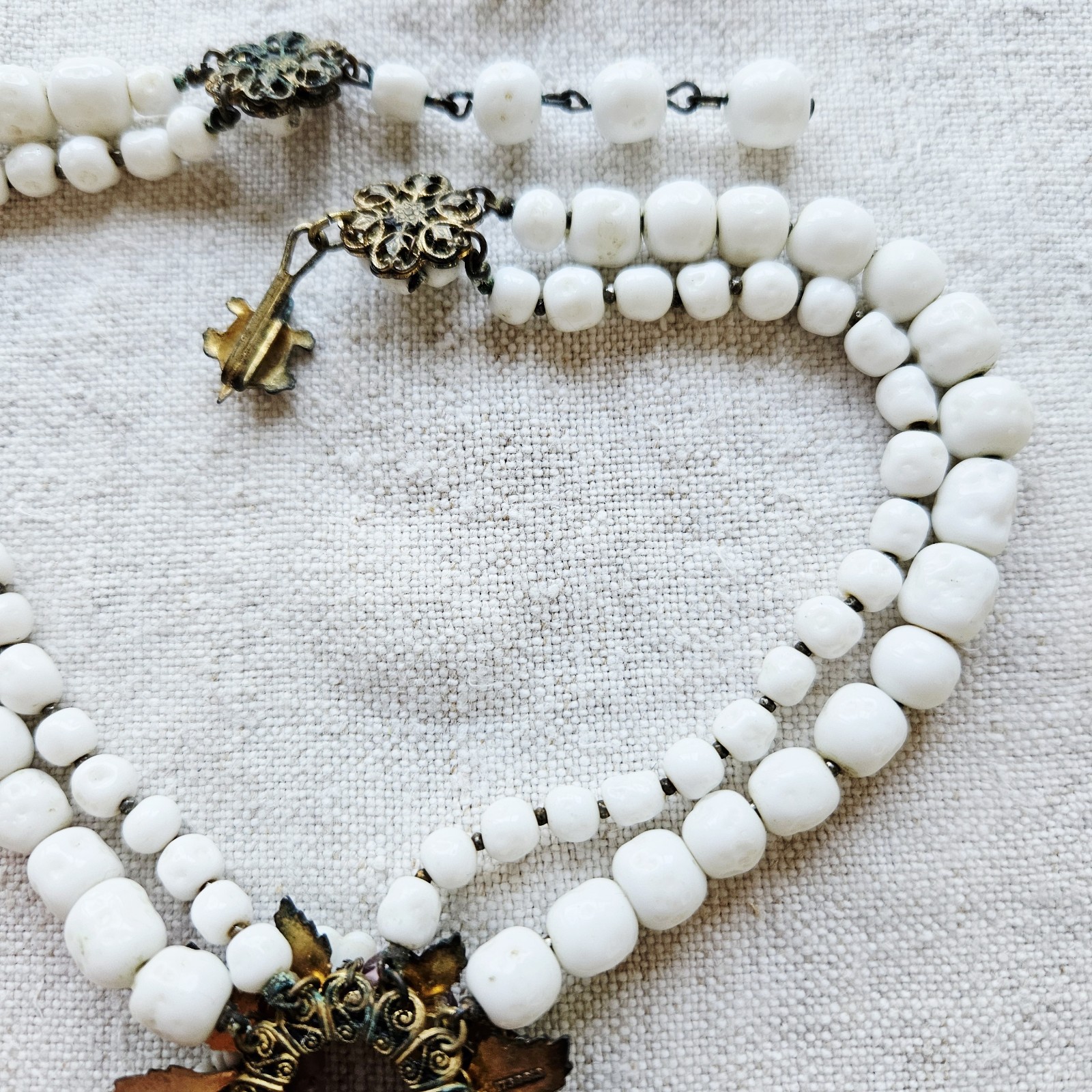 Unsigned Miriam Haskell Floral Pendant Double Strand Milk Glass Beaded Necklace