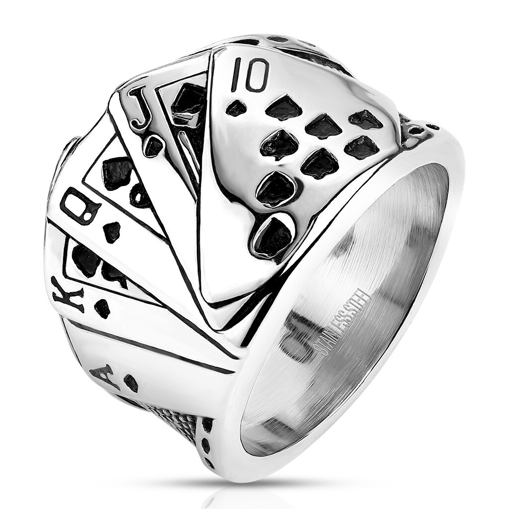Stainless Steel Royal Straight Flush Ring Silver Finish Biker Lucky Poker Ring