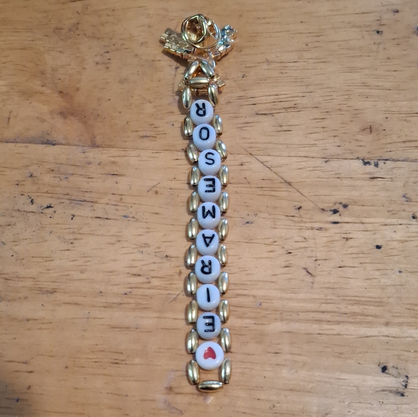 Gold Tone Rhinestone Crystal Angel Pin Brooch w/ ROSEMARIE Letter Beads