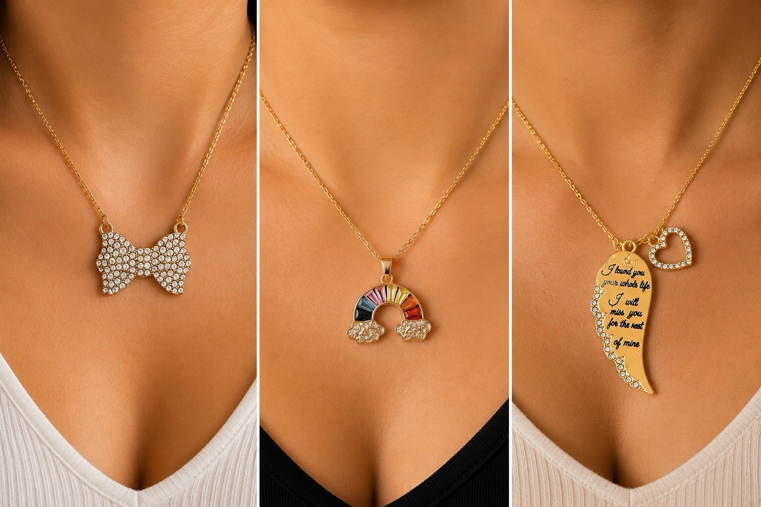 3PCS Gold Tone Pendant Necklace Set Bow Rainbow Angel Wing w/ Gift Box