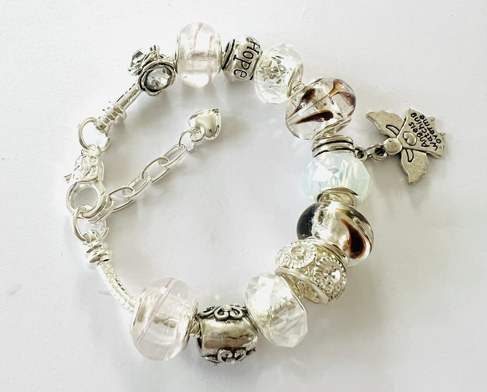 White & Silver Angel Birthday, Anniversary, European Charm Bracelet 5.5-6.5”