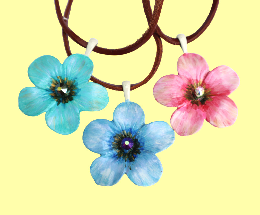 Handmade Large Flower Pendant Leather Necklace Painted Floral Bohemian Jewelry