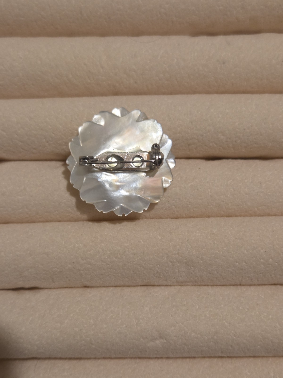 Pink, Green, And White Czech Glass Button & Mother Of Pearl Flower Brooch Pin