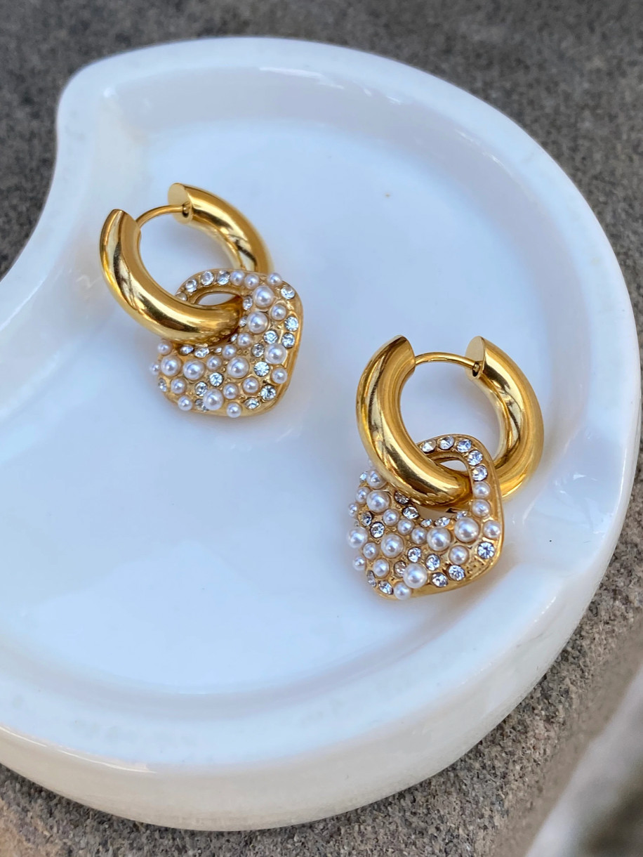 Gold Plated Stainless Steel CZ Pearl Dangle Drop Sparkle Earrings